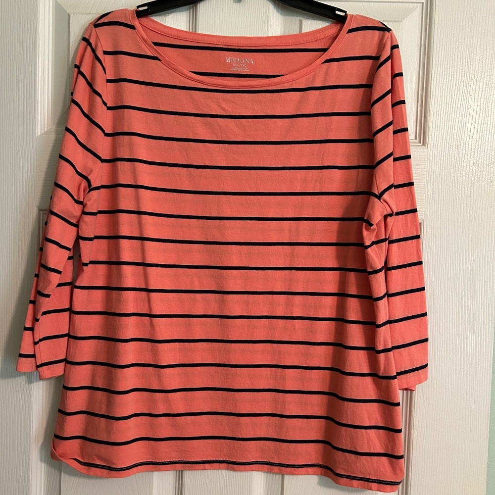 Orange and Navy stripe 3/4 length sleeve shirt